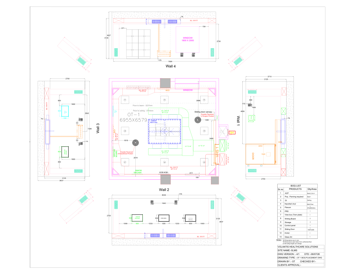 Supplied OT1 BOQ placement drawing with floor plan, wall elevations and dimensions